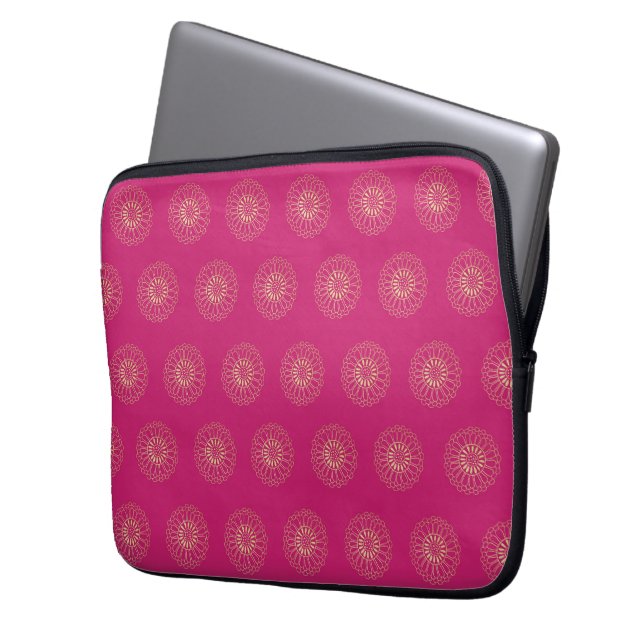 Housse Pour Ordinateur Portable Fuchsia | Golden Zinnia Flower Medallions (devant gauche)