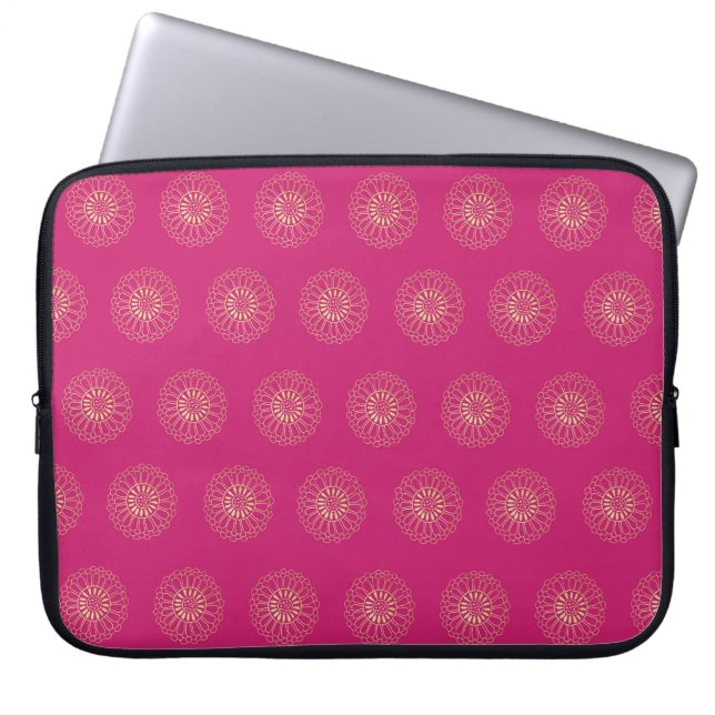 Housse Pour Ordinateur Portable Fuchsia | Golden Zinnia Flower Medallions (Devant)