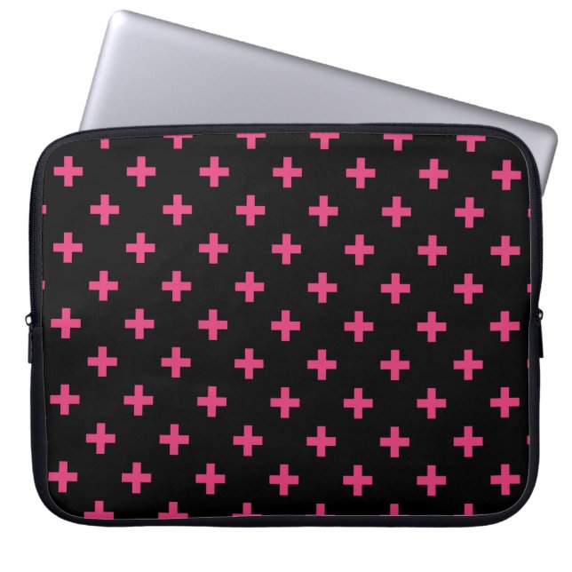 Housse Pour Ordinateur Portable Fuchsia polka croise sur noir (Devant)