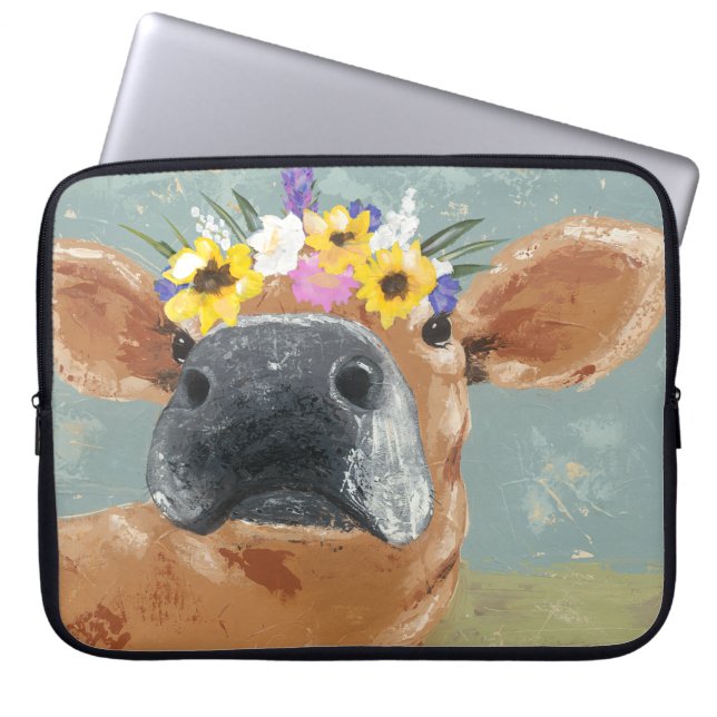 Housse Pour Ordinateur Portable Fun de ferme - Vache avec couronne de fleurs (Devant)