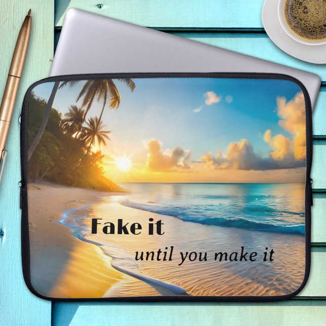 Housse Pour Ordinateur Portable Funny Tropical Beach Sunset Portable (Laptop sleeve featuring a painting of a sunset at a tropical beach with palm trees - funny texts)