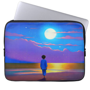 Housse Pour Ordinateur Portable Garçon sur la plage, regardant la lune