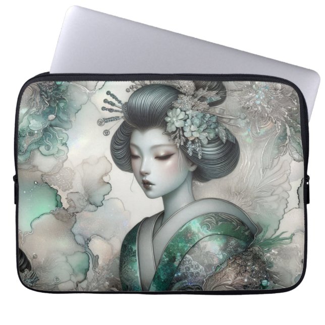 Housse Pour Ordinateur Portable Geisha en Vert Série #2 (Devant)
