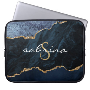 Housse Pour Ordinateur Portable Géode d'agate bleu marine Monogramme