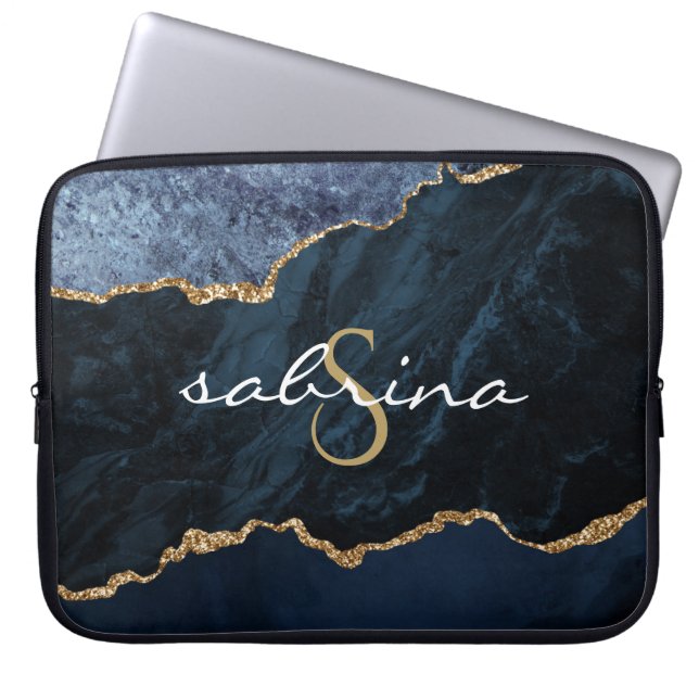 Housse Pour Ordinateur Portable Géode d'agate bleu marine Monogramme (Devant)