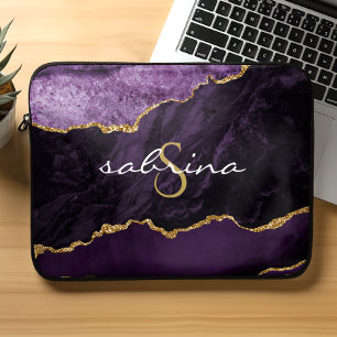 Housse Pour Ordinateur Portable Géode d'agate violette Monogram Gold