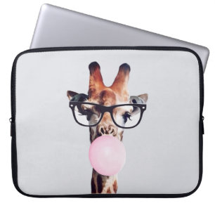 Housse Pour Ordinateur Portable Girafe Portant des lunettes soufflant rose bulle g