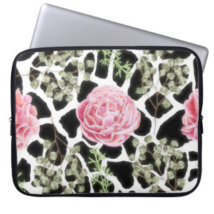 Housse Pour Ordinateur Portable Giraffe Imprimé noir et blanc avec des roses roses