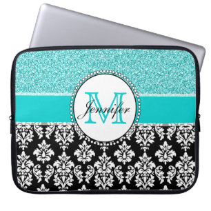 Housse Pour Ordinateur Portable Girly, turquoise, damassé noire de parties