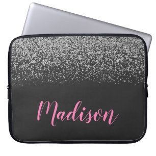 Housse Pour Ordinateur Portable Glam Argent Paillettes Étincelles Nom Noir & Rose