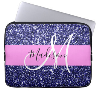 Housse Pour Ordinateur Portable Glam Rose Bleu Nuit Paillettes Paillettes Nom Mono