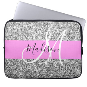 Housse Pour Ordinateur Portable Glam Rose & Paillettes Argent Monogramme Nom