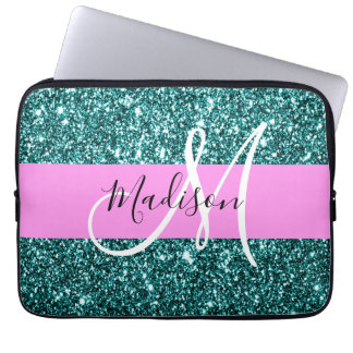 Housse Pour Ordinateur Portable Glam Rose Turquoise Vert Pailleté Étincelle Monogr