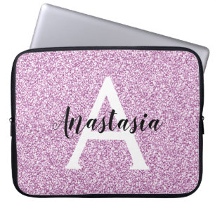 Housse Pour Ordinateur Portable Glamour Féminin Violet Paillettes Monogramme Nom