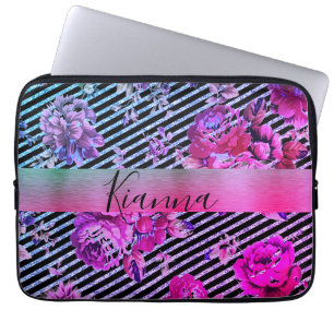 Housse Pour Ordinateur Portable Glitterie rayé rose Turquoise Floral