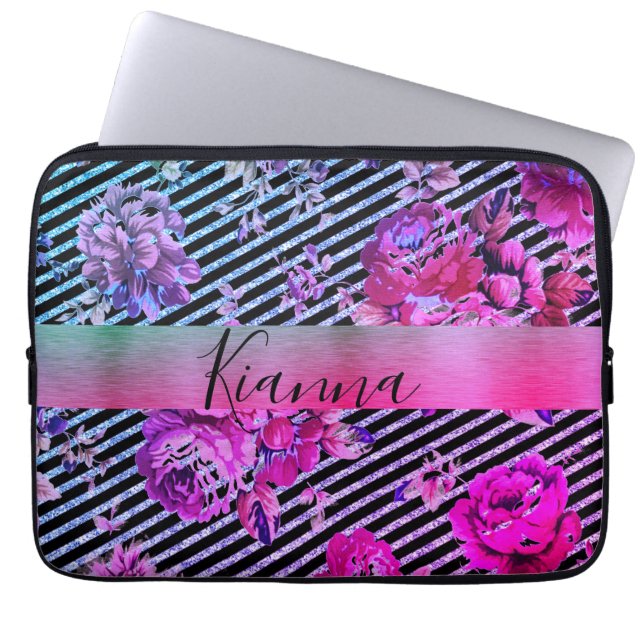 Housse Pour Ordinateur Portable Glitterie rayé rose Turquoise Floral  (Devant)