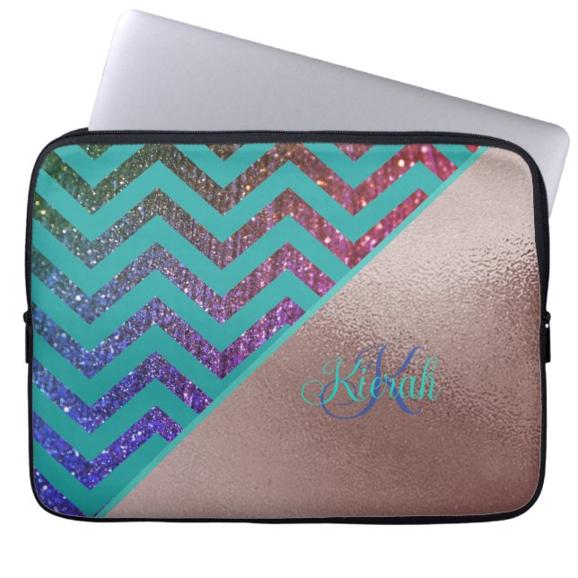 Housse Pour Ordinateur Portable Glitterie rose Gold Foil Chevron Turquoise Green G (Devant)