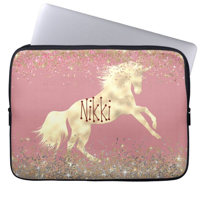 Housse Pour Ordinateur Portable Glittery Gold Unicorn (Devant)