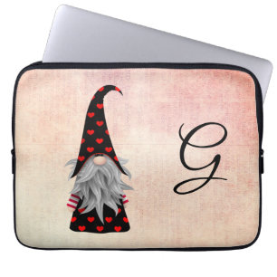 Housse Pour Ordinateur Portable Gnome noir et rouge vintage avec cœurs Aquarelle