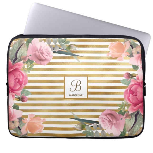 Housse Pour Ordinateur Portable Gold Foil Stripes Gorgeous Flower Monogram Girl (Devant)
