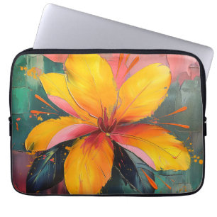 Housse Pour Ordinateur Portable Golden Bloom – Expression Florale Abstraite Vibran