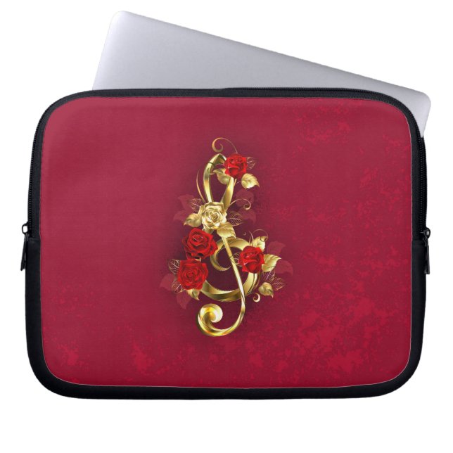 Housse Pour Ordinateur Portable Golden Treble Clef avec fleurs Roses (Devant)