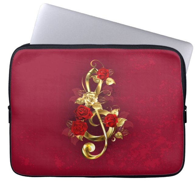 Housse Pour Ordinateur Portable Golden Treble Clef avec fleurs Roses (Devant)