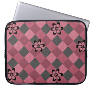 Housse Pour Ordinateur Portable Gray rose géométrique à damiers motif avec fleurs