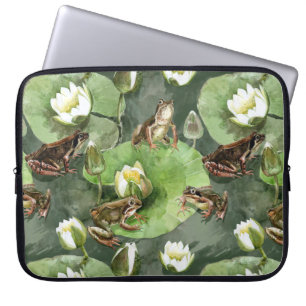 Housse Pour Ordinateur Portable Grenouilles nénuphars verts et blancs