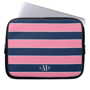 Housse Pour Ordinateur Portable Grilles de rugby rose et bleu Monogramme
