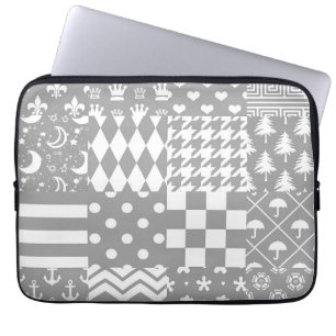 Housse Pour Ordinateur Portable Gris Blanc Mixte Motif Patchwork Design