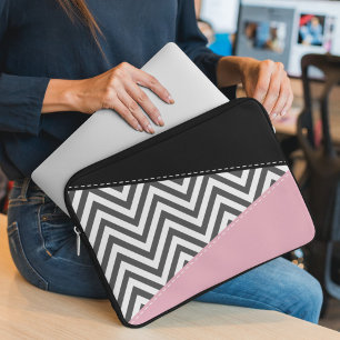Housse Pour Ordinateur Portable Gris Zigzag, Gris Chevron, Motif Zigzag, Rose