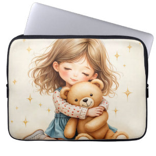 Housse Pour Ordinateur Portable Gros câlins - Jolie fille serrant l'ours en peluch