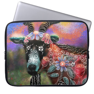 Housse Pour Ordinateur Portable Grotte de chèvre florale Whimssical ferme animal d