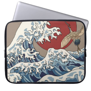 Housse Pour Ordinateur Portable Grue et illustration de vague japonaise C traditio