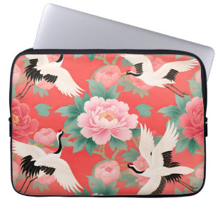 Housse Pour Ordinateur Portable Grues Japonaises Pivoines Rouge Élégance Chinoise