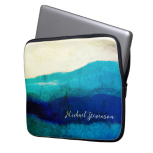 Housse Pour Ordinateur Portable Grunge Signature Cool Turquoise et Océan Bleu Mer
