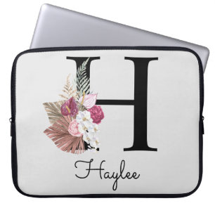 Housse Pour Ordinateur Portable H Monogramme initial Boho rose Floral
