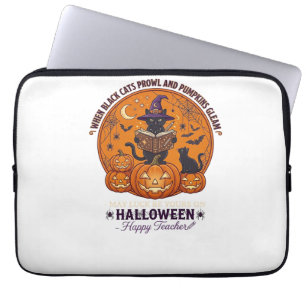 Housse Pour Ordinateur Portable Halloween Joyeux Professeur Chat Noir Sorcière Cha
