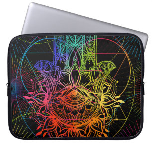 Housse Pour Ordinateur Portable Hamsa orné : motif néon dessiné à la main.