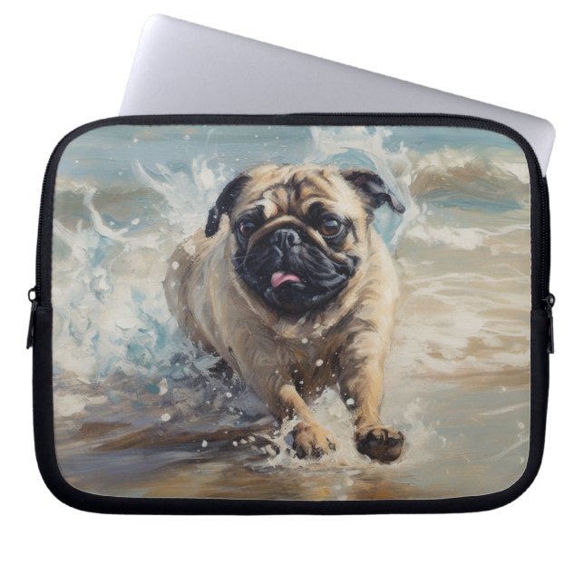 Housse Pour Ordinateur Portable Happy Pug à la Plage (Devant)