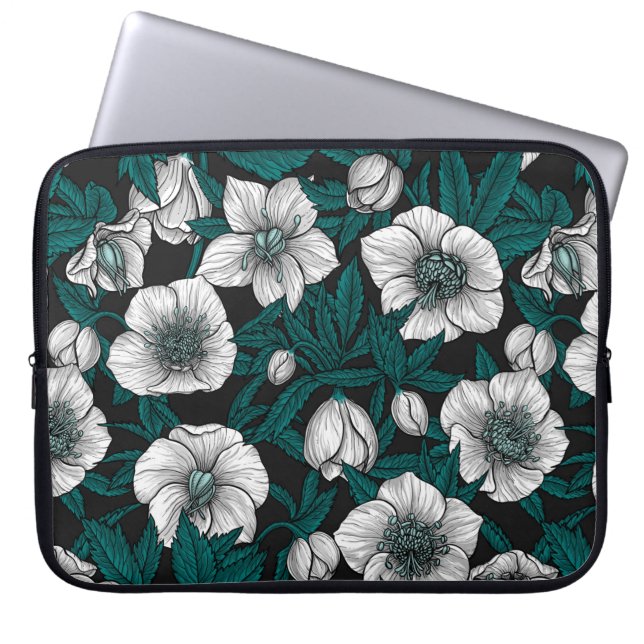 Housse Pour Ordinateur Portable Hellebores blancs avec feuilles bleus (Devant)