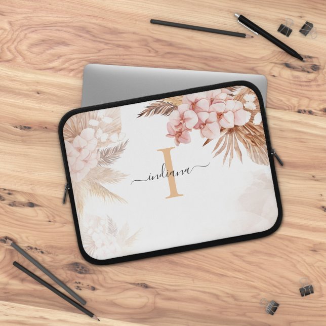 Housse Pour Ordinateur Portable Herbe des Pampas Monogramme Initial Nom Script (Monogram Pampas Grass Script Initial Watercolor Laptop Sleeve)