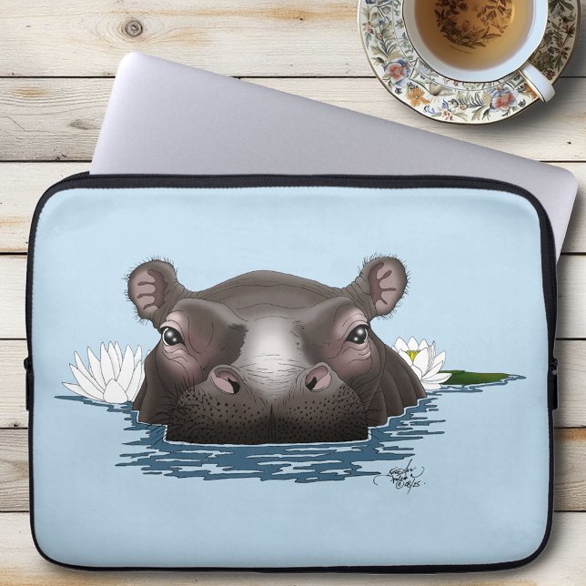 Housse Pour Ordinateur Portable Hippopotame Lotus Blanc Bleu (Créateur téléchargé)