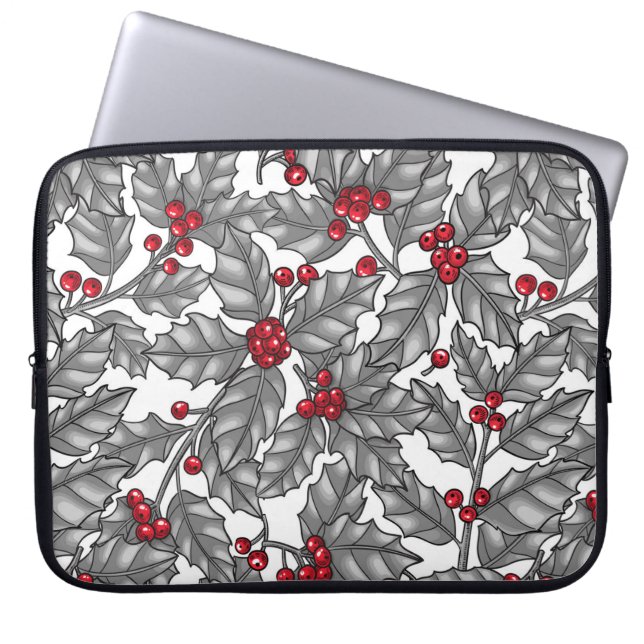 Housse Pour Ordinateur Portable Holly berry, feuilles gris sur blanc (Devant)