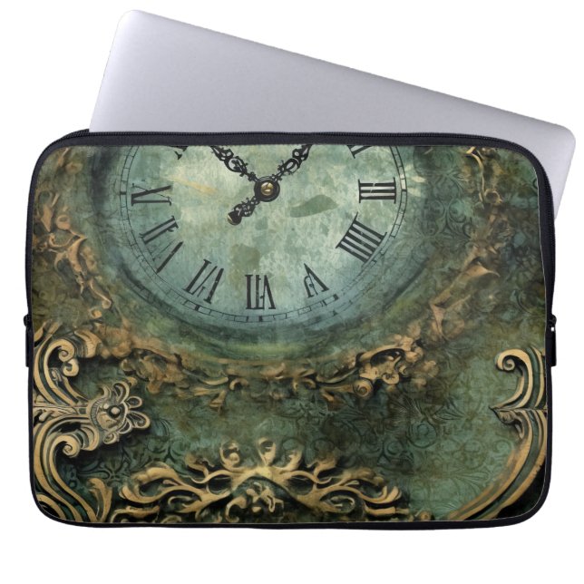 Housse Pour Ordinateur Portable Horloge Rustique Vert Émeraude Steampunk (Devant)