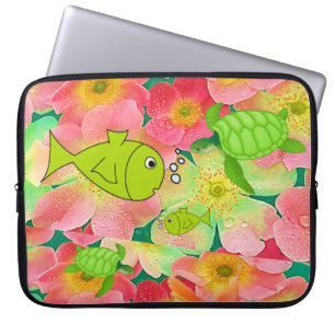 Housse Pour Ordinateur Portable Huile à manches fleuries Tortue de poisson
