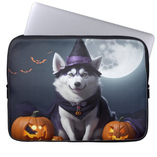 Housse Pour Ordinateur Portable Husky Chien Halloween Aventure Lune Magie Éffrayan