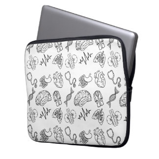 Housse Pour Ordinateur Portable Icônes Médicales Minimalistes Noir et Blanc Doodle