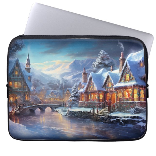 Housse Pour Ordinateur Portable Illustration du village d'hiver (Devant)
